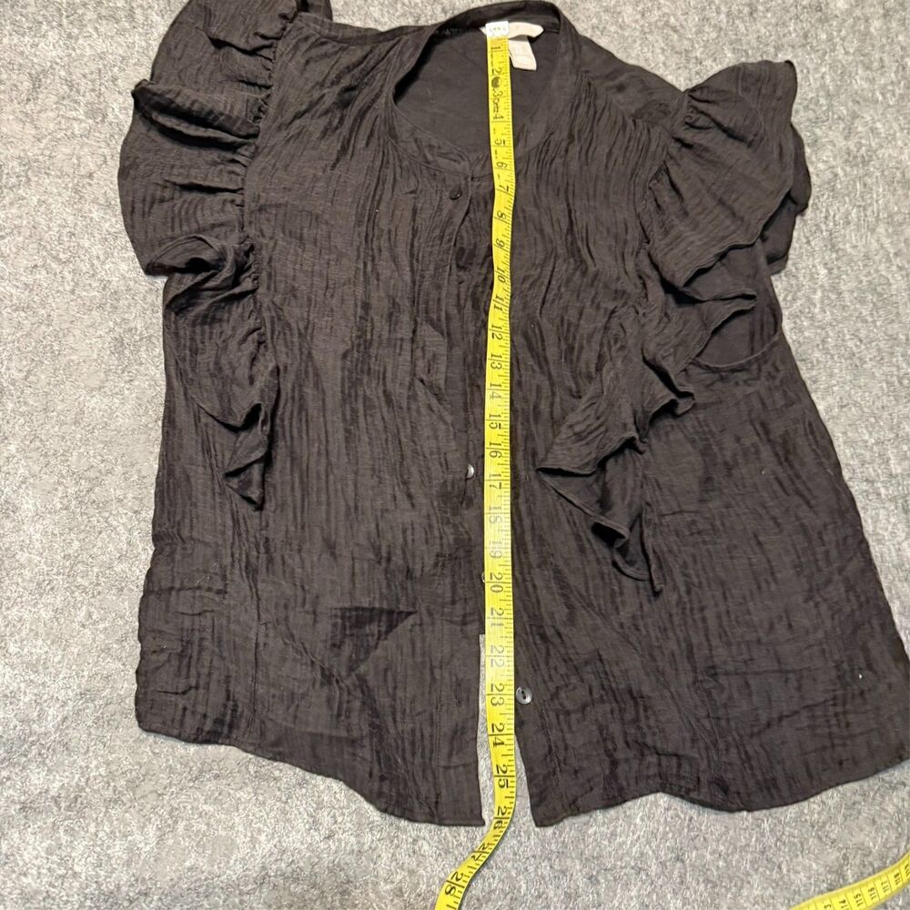 Hm Womens Blouse Shirt Size XL Black Frill Trimmed Flared Sleeve Button Up - Picture 4 of 6